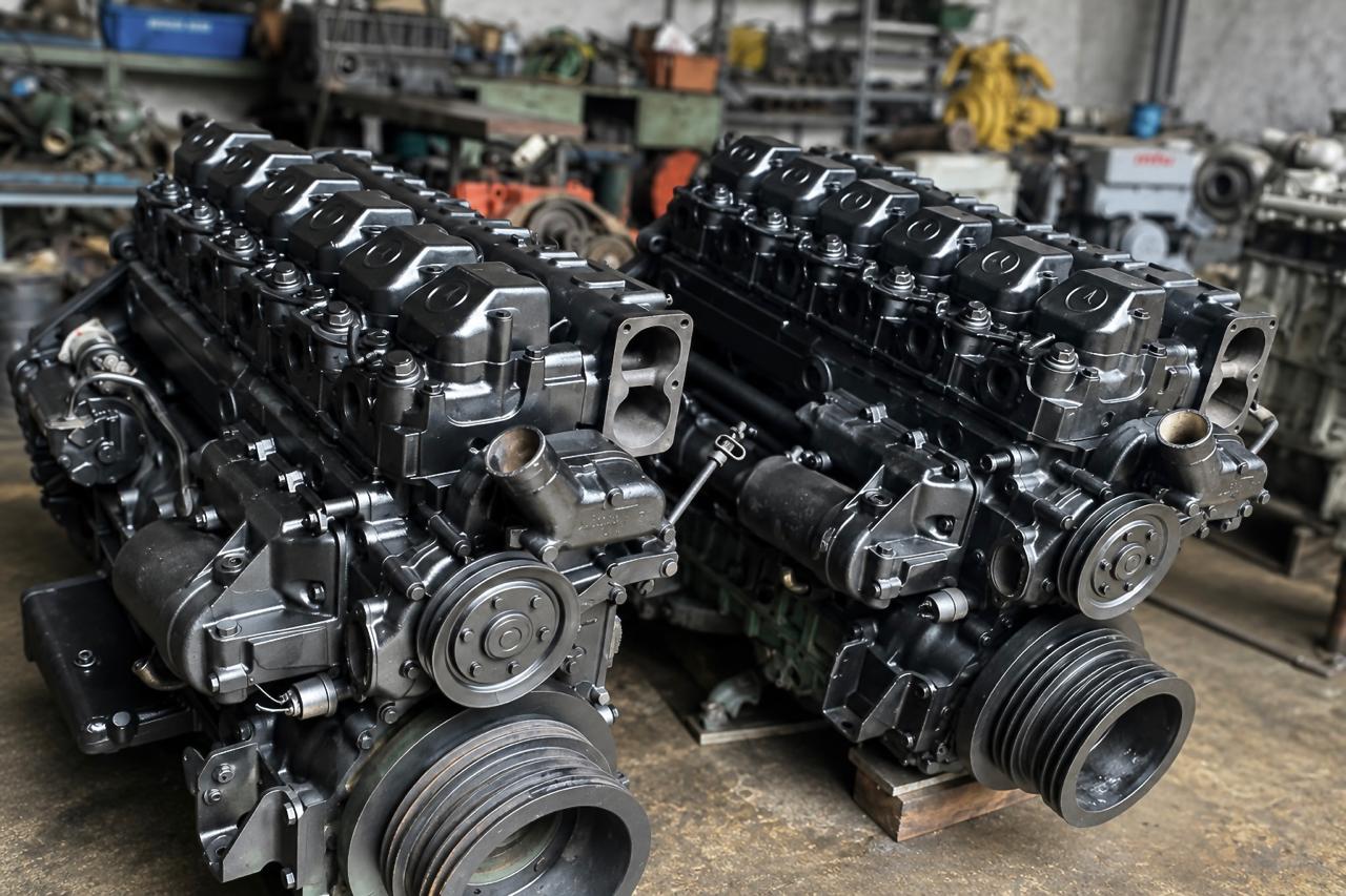 Dois motores diesel pesados revisados em oficina